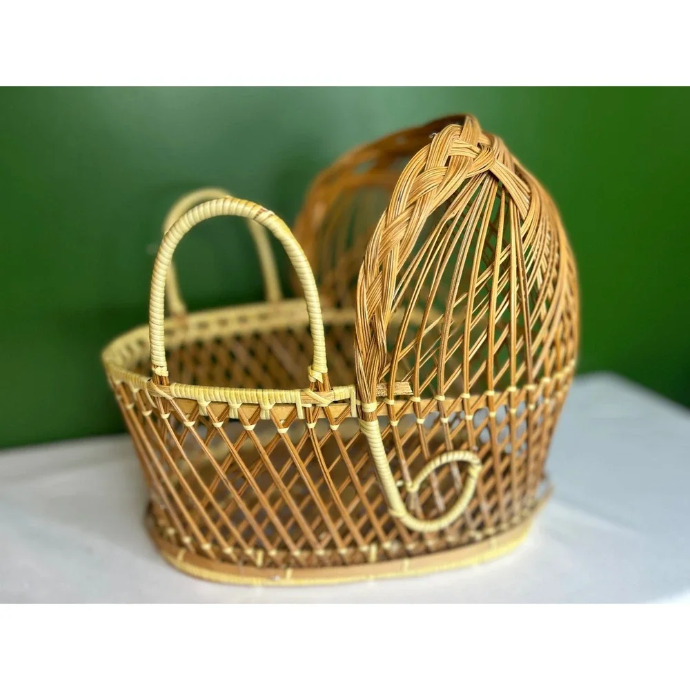 Vintage Wicker Doll Bassinet Miniature Rattan Cradle Hooded Basket Boho Decor